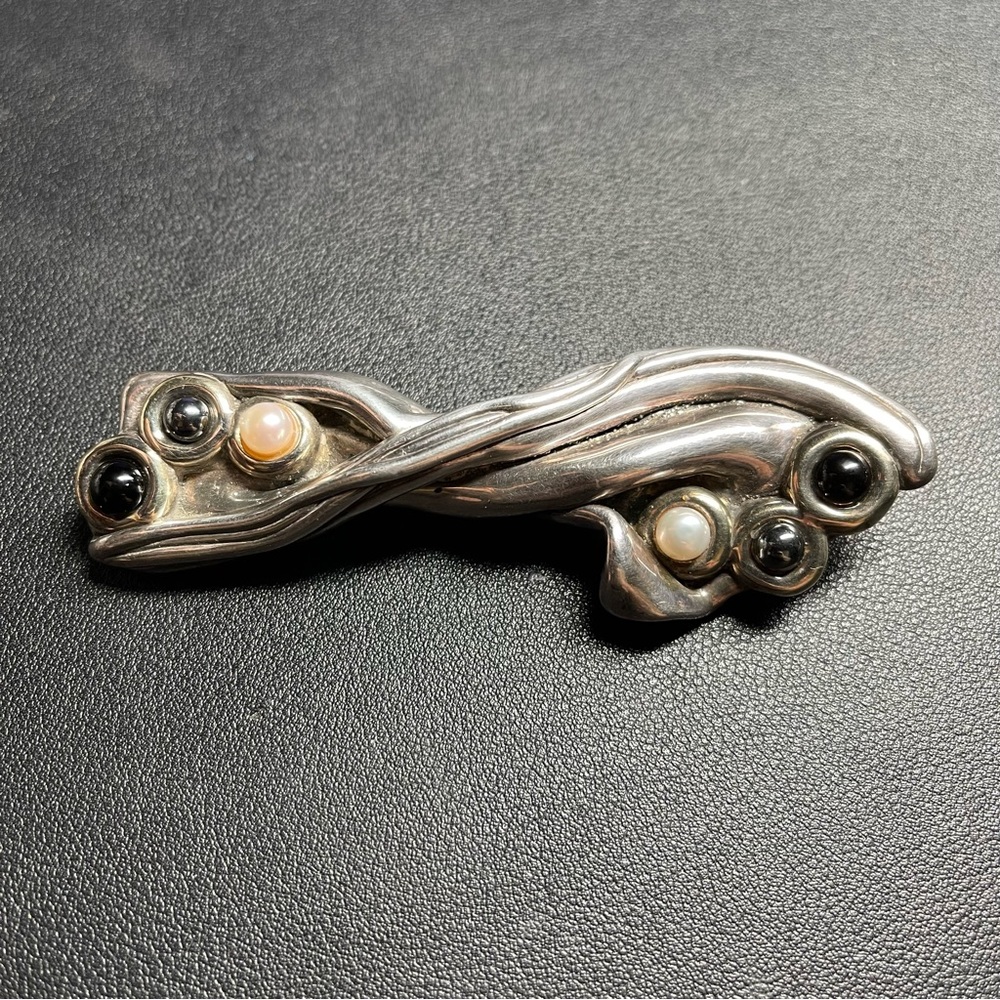 Bat-Ami Sterling Gold Plated Brooch with Pearls, Onyx & Hematite Made in Israel